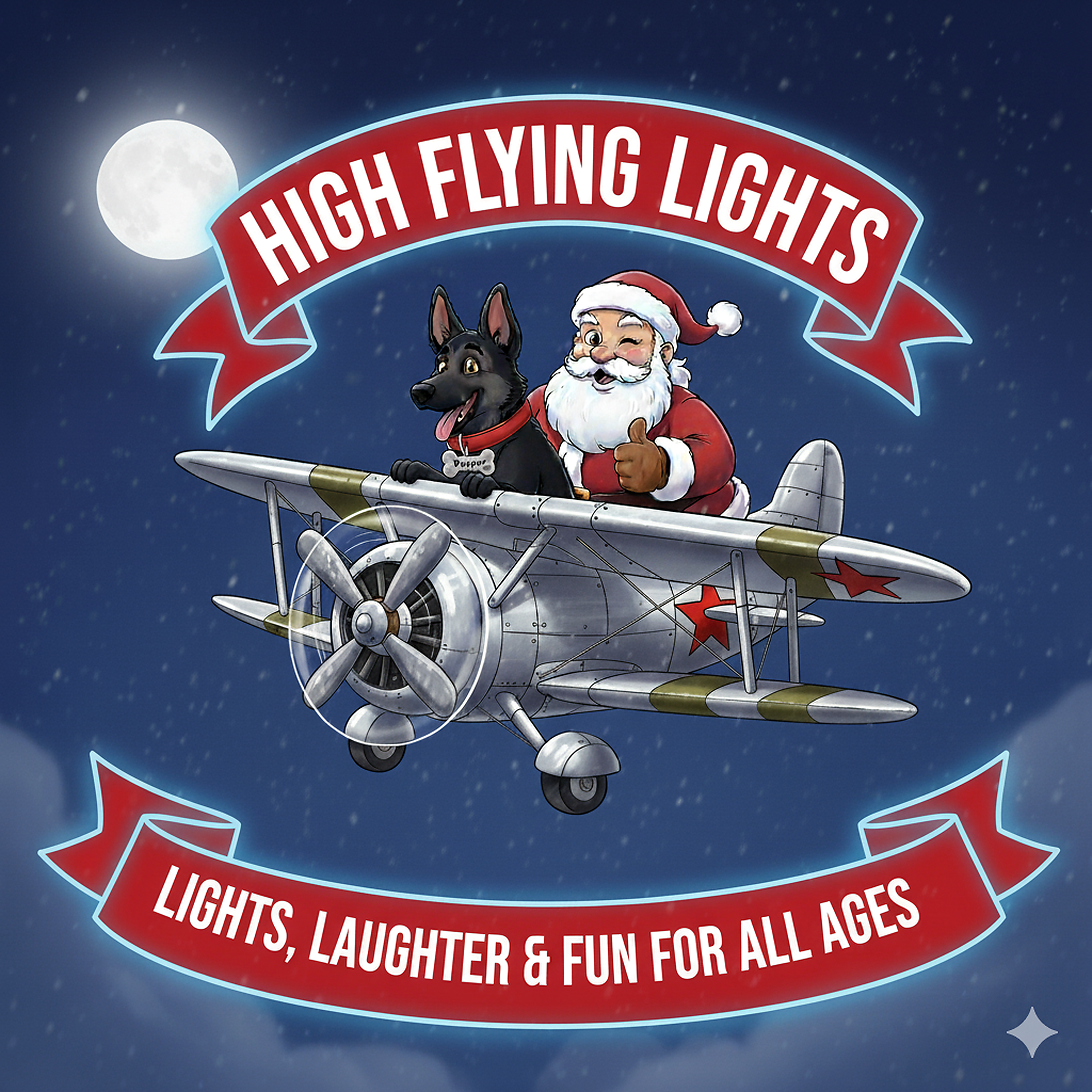 High Flying Lights Christmas — Santa and Pepper flying a biplane