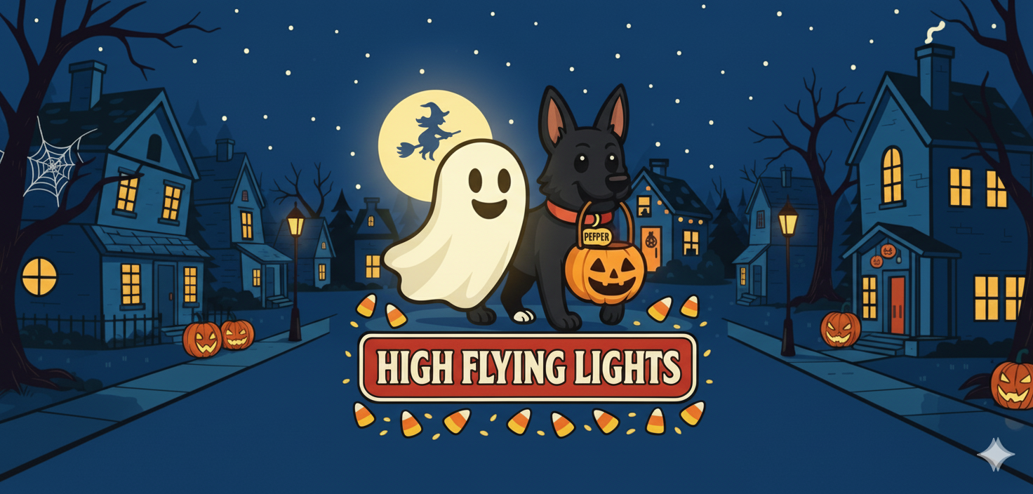 High Flying Lights Halloween — a friendly ghost and Pepper trick-or-treating