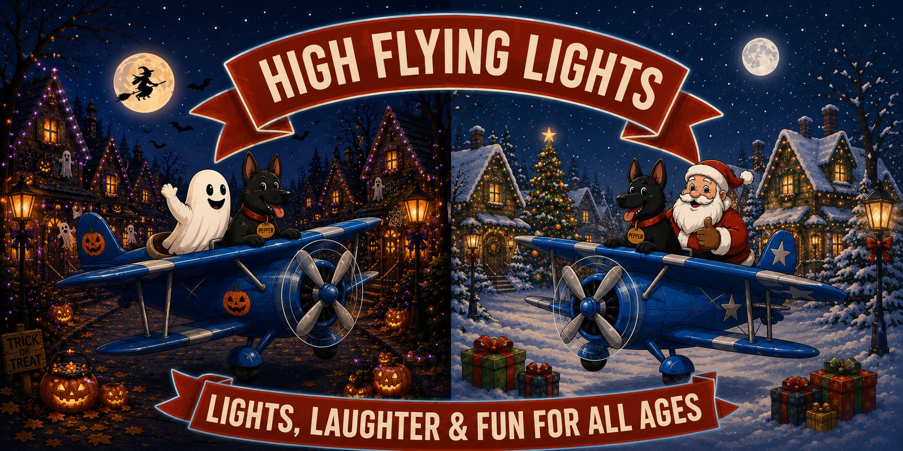 High Flying Lights — Halloween and Christmas scenes with a biplane towing a banner reading High Flying Lights